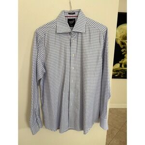 Andrew J. Carefree Mens Dress Shirt Size 43/17 Blue Checkered 100% Cotton